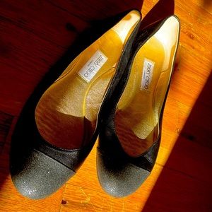 Black leather Jimmy Choo flats with sparkles on the toe size 40